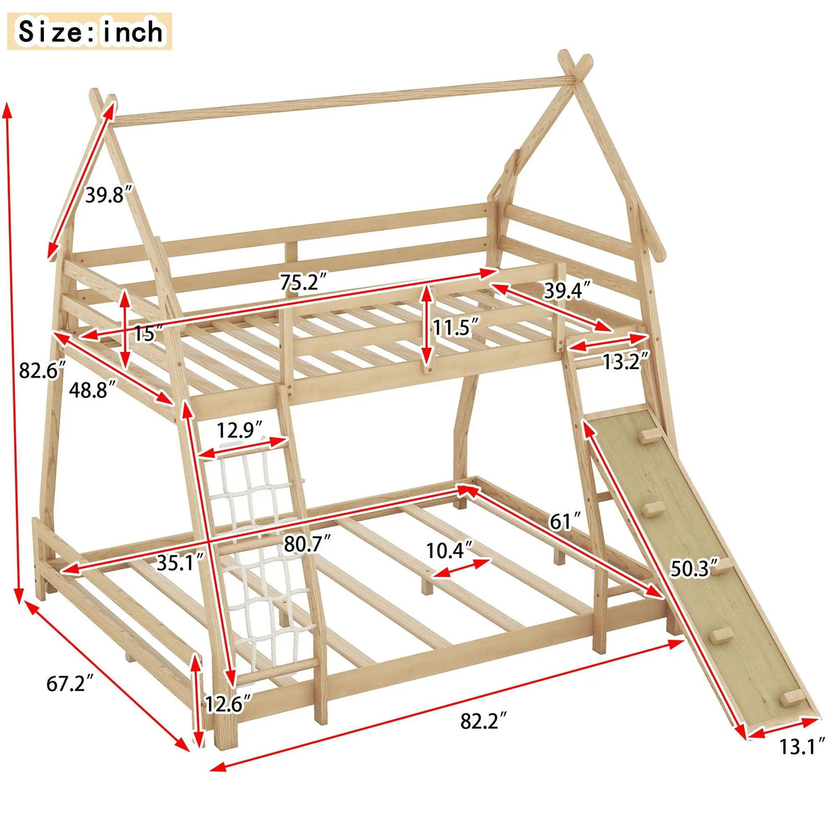 House Bunk Bed | Twin Over Queen | Solid Pine | Climbing Net And Ramp