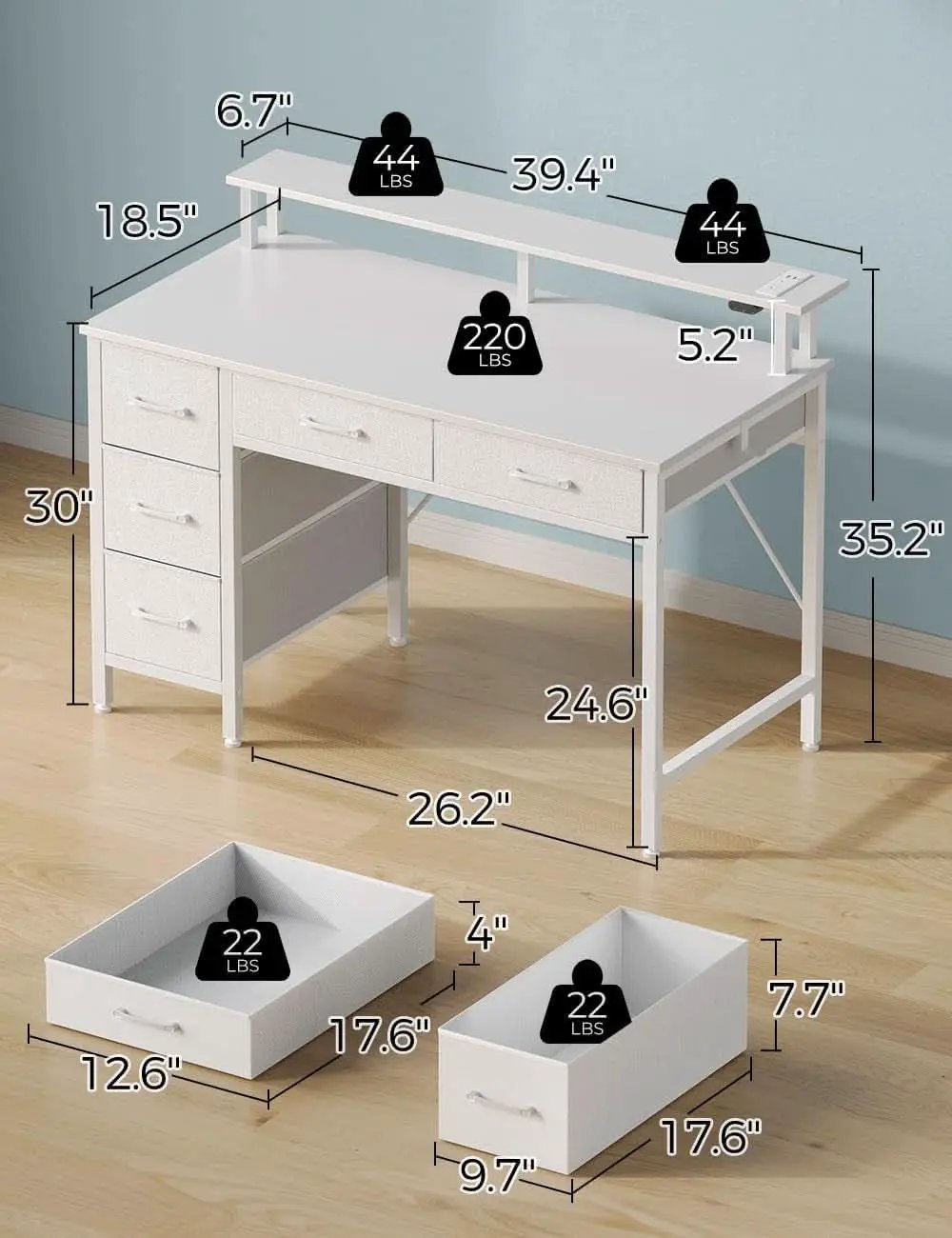 39 Inch Computer Desk Power Outlets LED Light White from PriceLows™