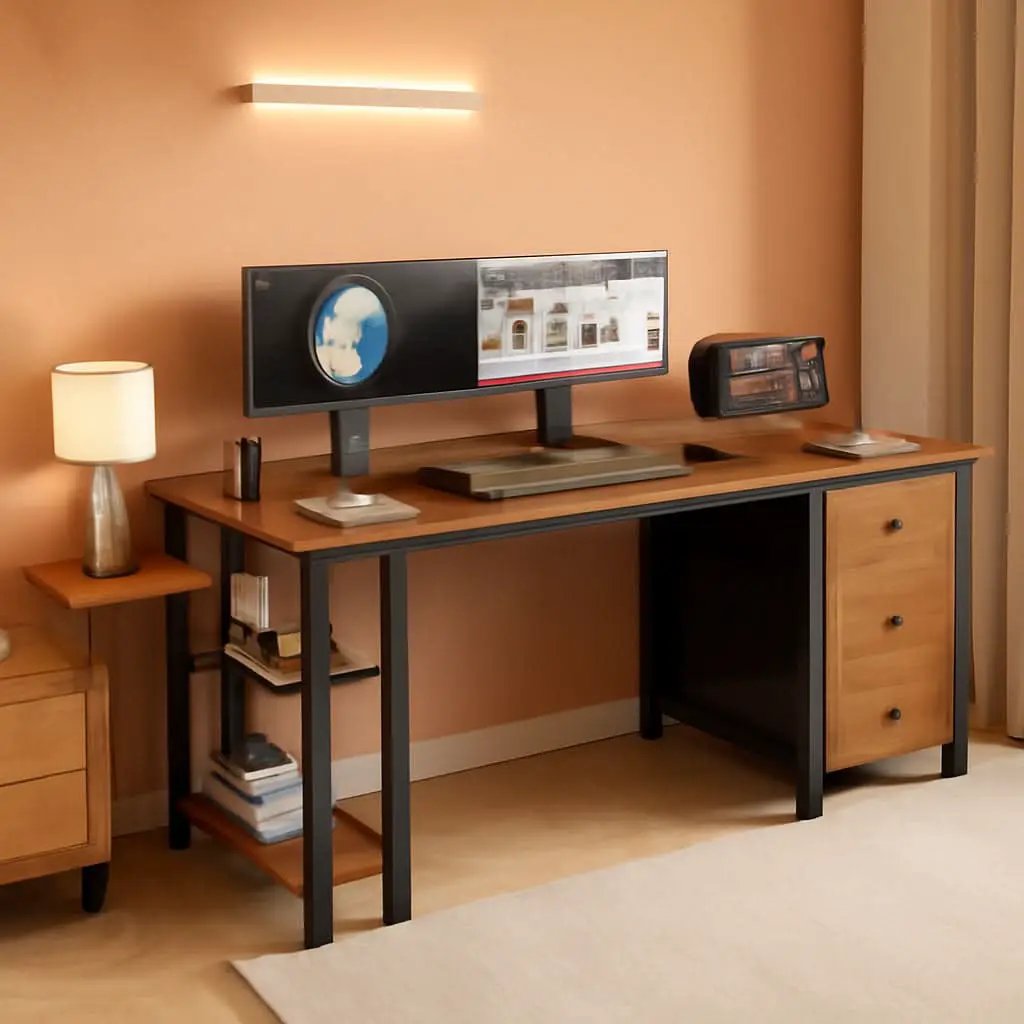 55 Inch Rustic Brown Computer Desk With 4 Fabric Drawers from PriceLows™