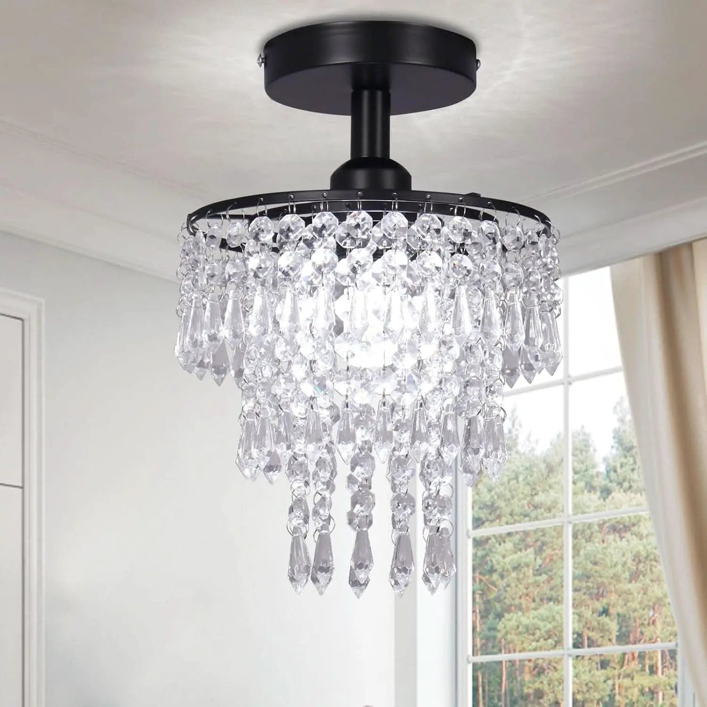 Small Black Crystal Chandelier Flush Mount With Raindrops from PriceLows™