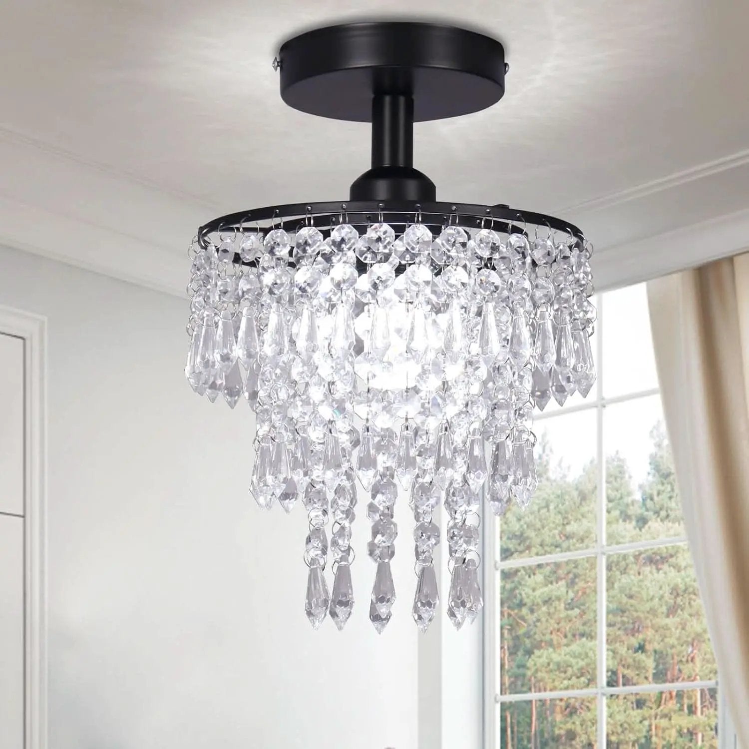 Small Black Crystal Chandelier Flush Mount With Raindrops from PriceLows™
