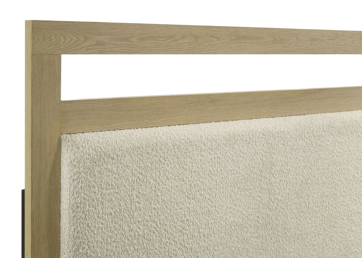 Hendricks Queen Panel Headboard Platform Bed | 62.5 x 84.75 x 51.25 in | Engineered Wood & Boucle | Light Oak