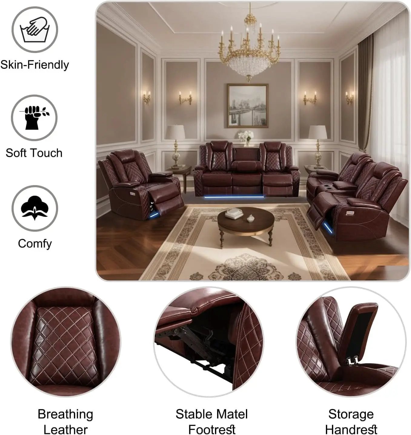 Power Reclining Leather Sofa Set With USB Ports Burgundy from PriceLows™