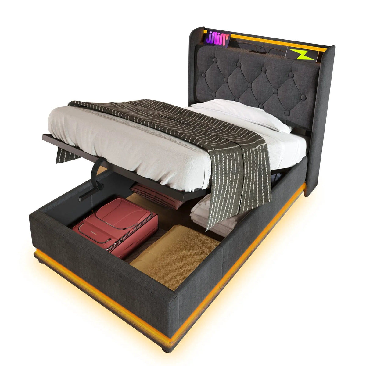 Upholstered Bed, 360 Surround LED Function, Remote Control, Hydraulic Storage Bed | 8 Pieces | Fabric & Iron | Bedroom