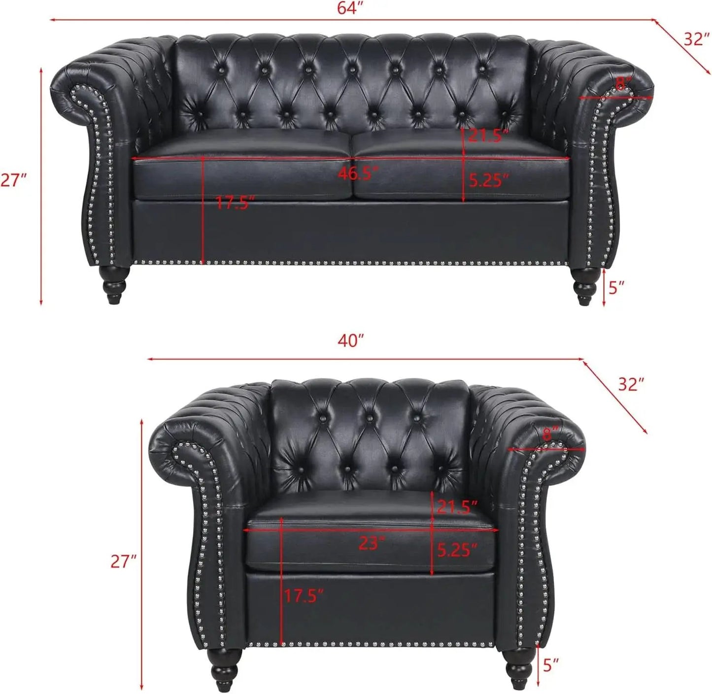 2 Piece Living Room Sofa Set Black Faux Leather Club Chair And Chesterfield Loveseat from PriceLows™