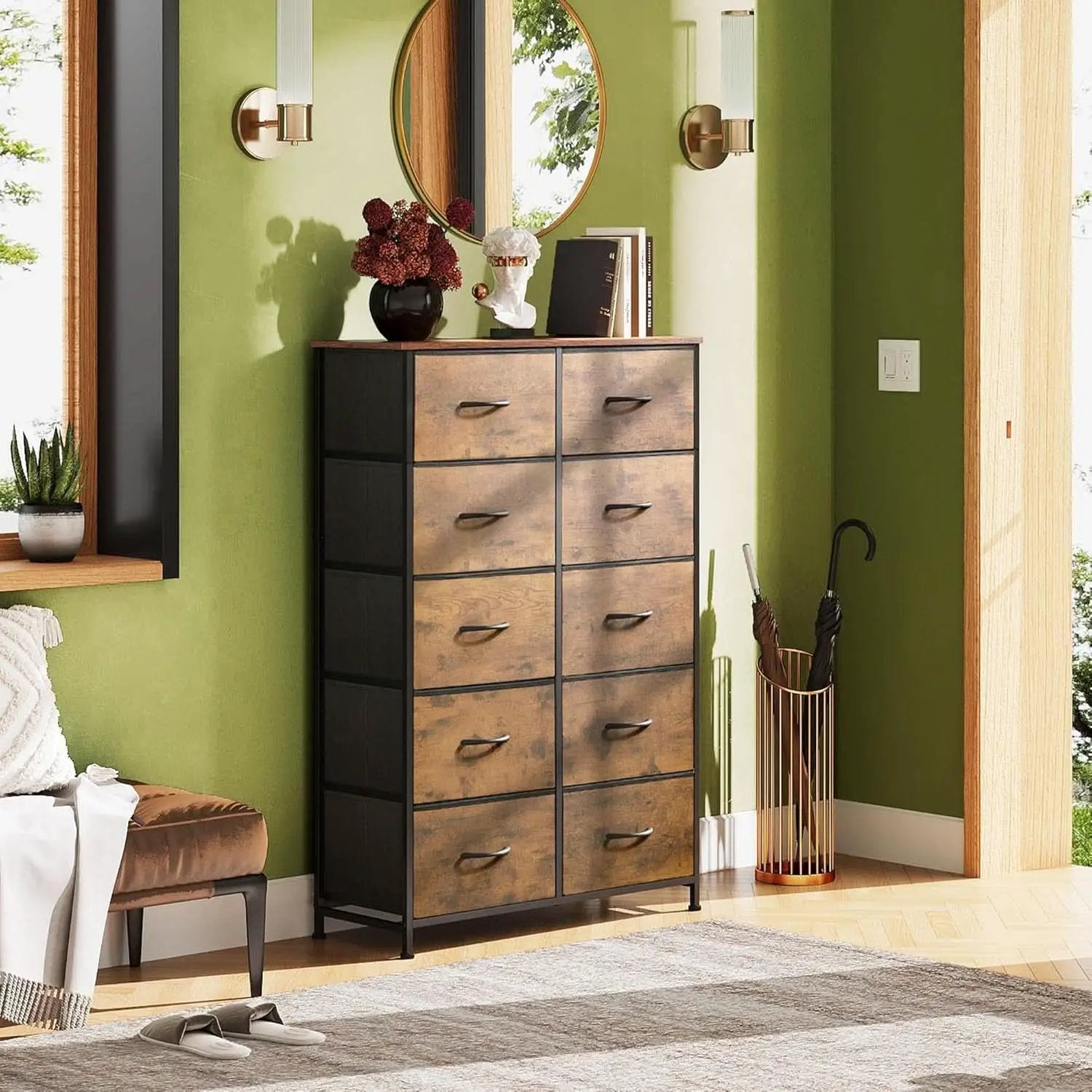Tall Dresser With 10 Fabric Drawers Brown Woodgrain from PriceLows™