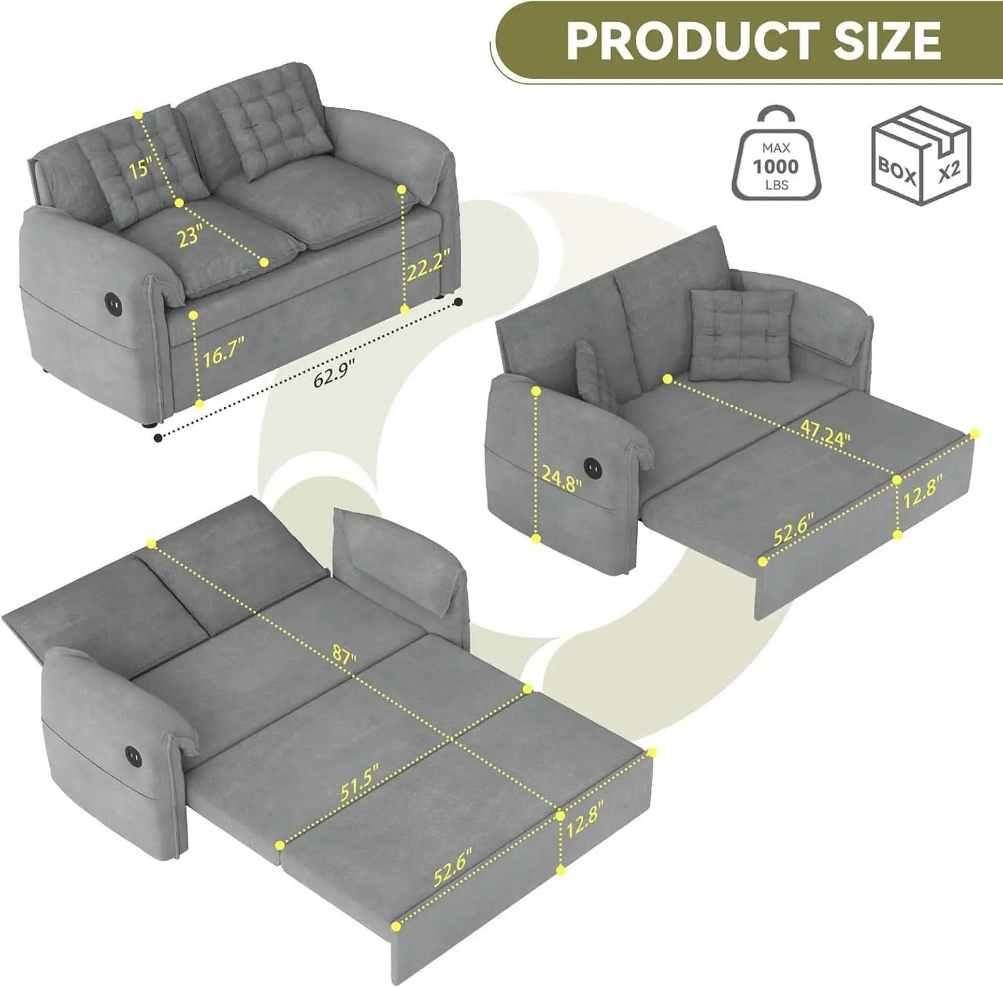 Light Grey Eighty Seven Inch Convertible Sleeper Sofa from PriceLows™