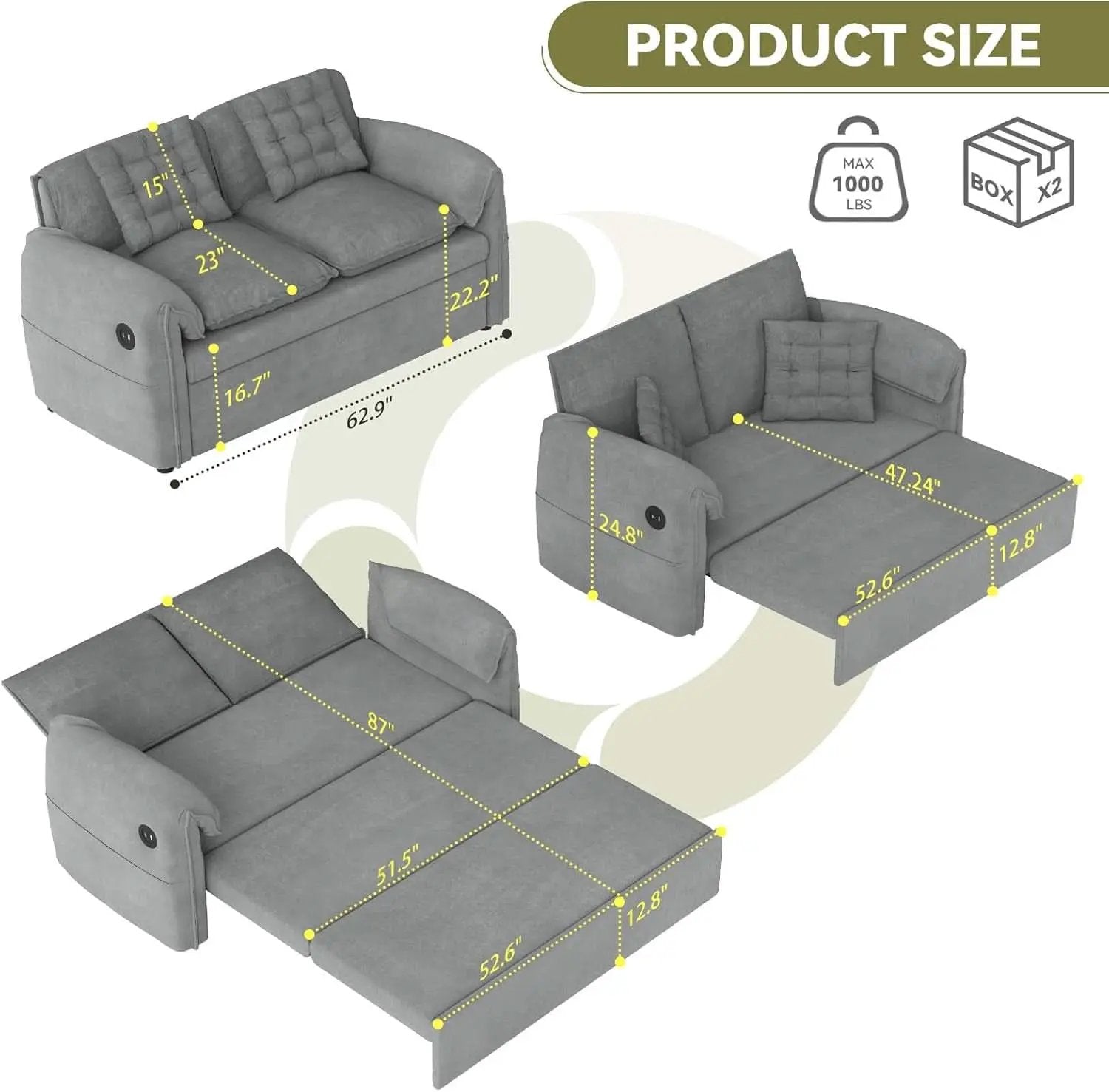 Light Grey Eighty Seven Inch Convertible Sleeper Sofa from PriceLows™