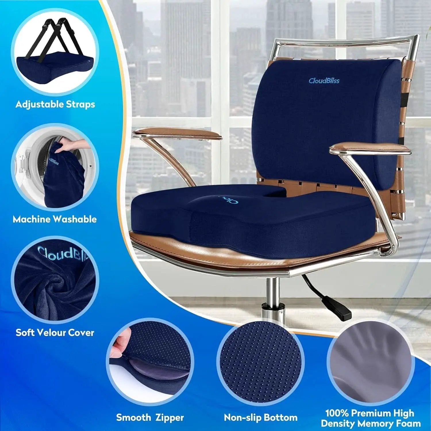 Blue Memory Foam Seat Cushion For Office Chair Lumbar from PriceLows™