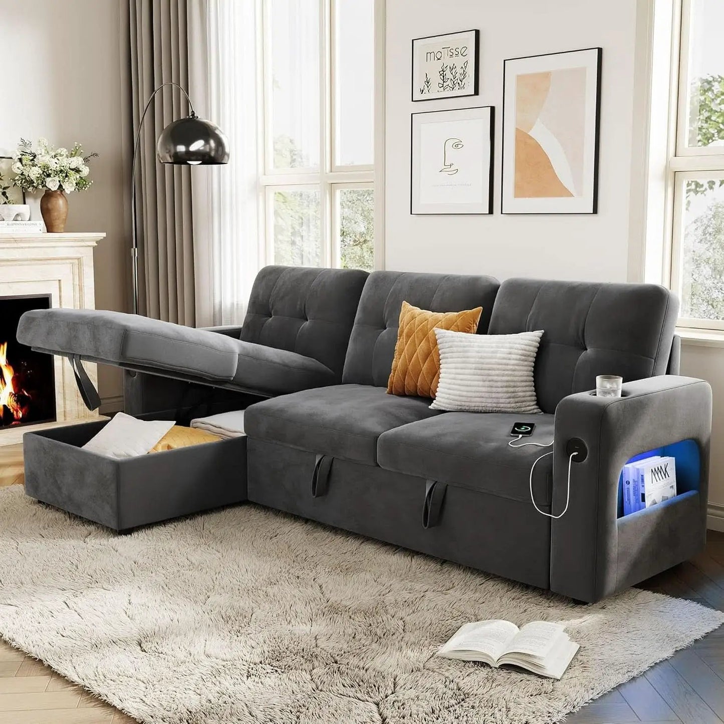 84 Inch Sleeper Sofa Bed Dark Grey Velvet With LED Storage from PriceLows™