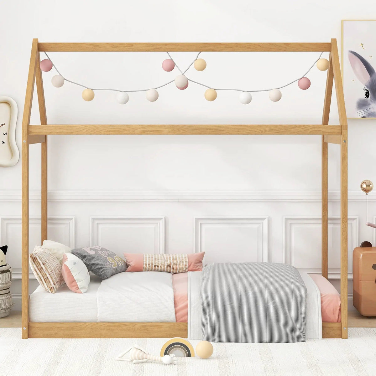 Wooden House Shaped Bed | Roof-Like Structure | Low Profile Design | 78.3 Inch Length