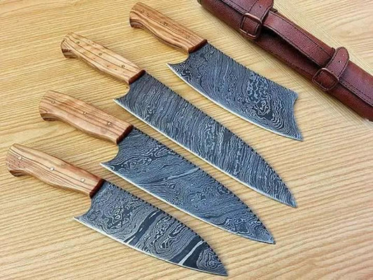Custom Handmade Damascus Steel Chef Knife 13” Olive Wood Handle with Leather Sheath | 8 Inch | Damascus Steel | Kitchen Knives Set