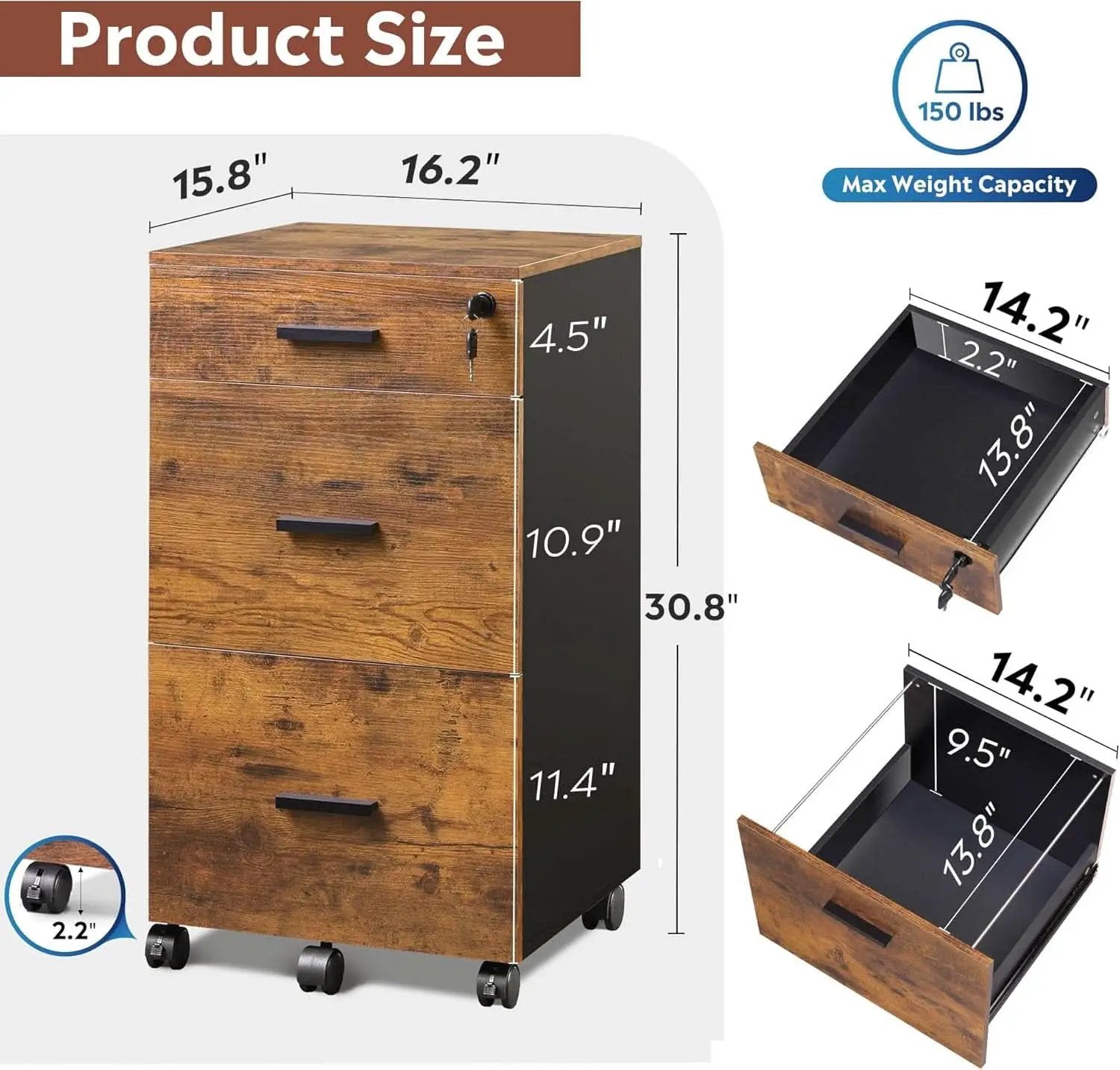 3 Drawer Lockable Rolling File Cabinet In Rustic Brown Fits Letter And A4 Size For Home Office from PriceLows™