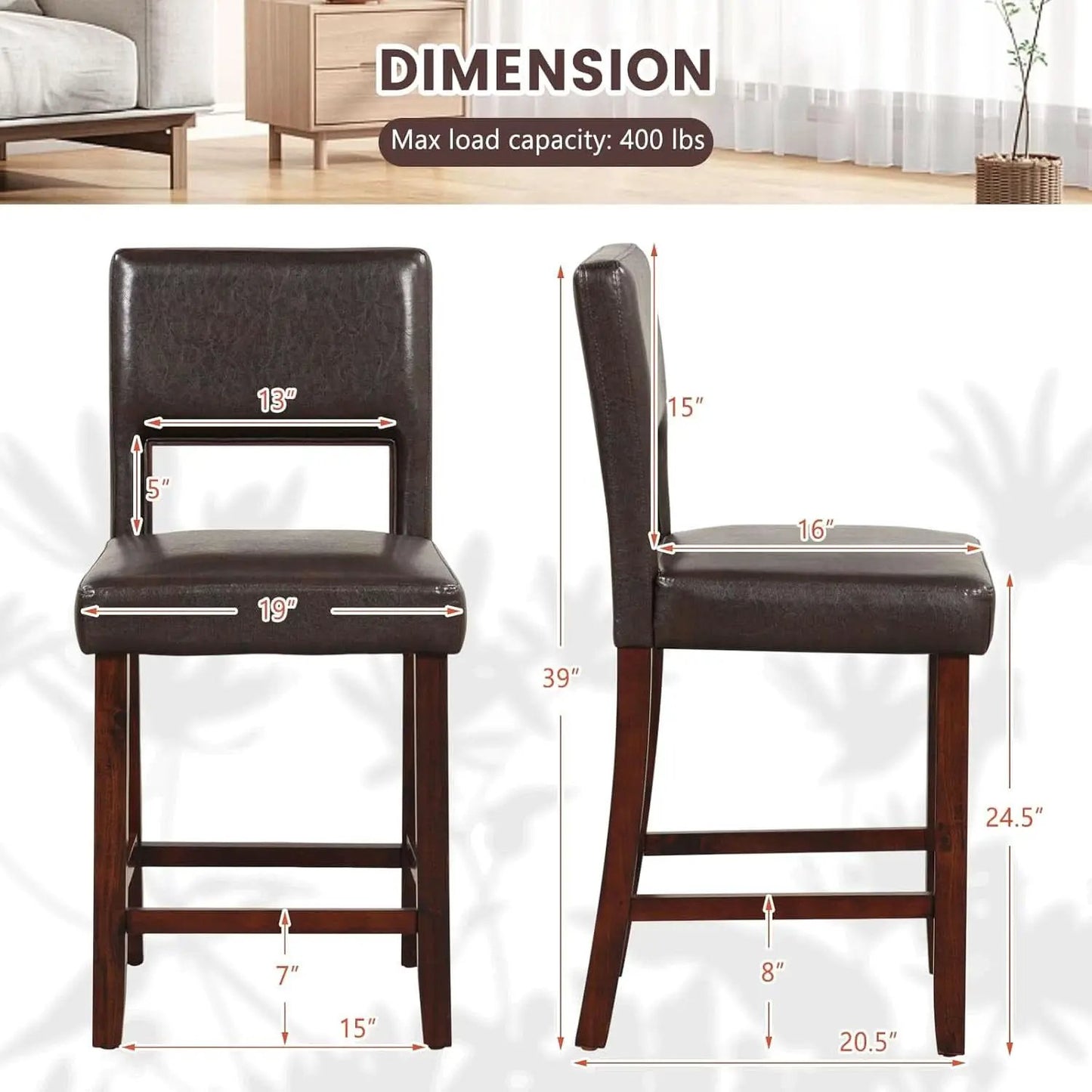 Counter Height Bar Stools Set Of Two, Twenty Four Point Five Inch, Brown Upholstered PVC Leather from PriceLows™