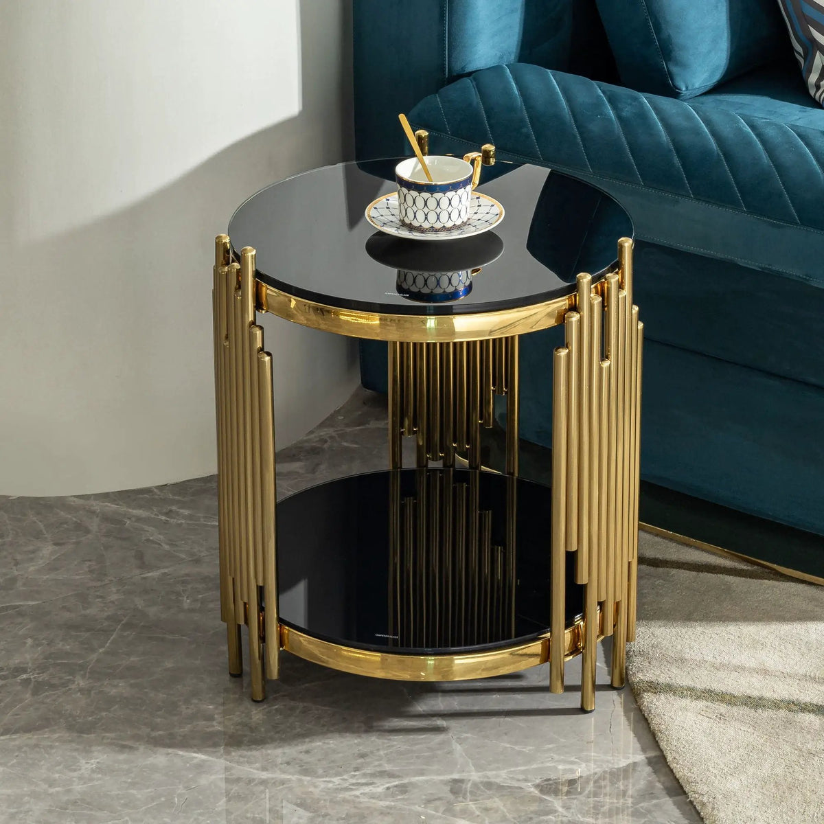 Round Side Table | Double Layer Tempered Glass Top | Mirror Finish Stainless Steel Frame | 21.65 Inch Height