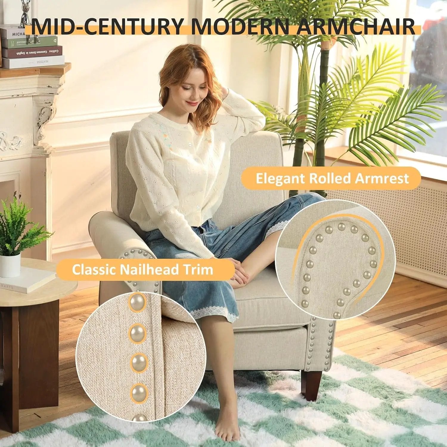 Beige Mid Century Modern Accent Chair Nailhead Trim from PriceLows™