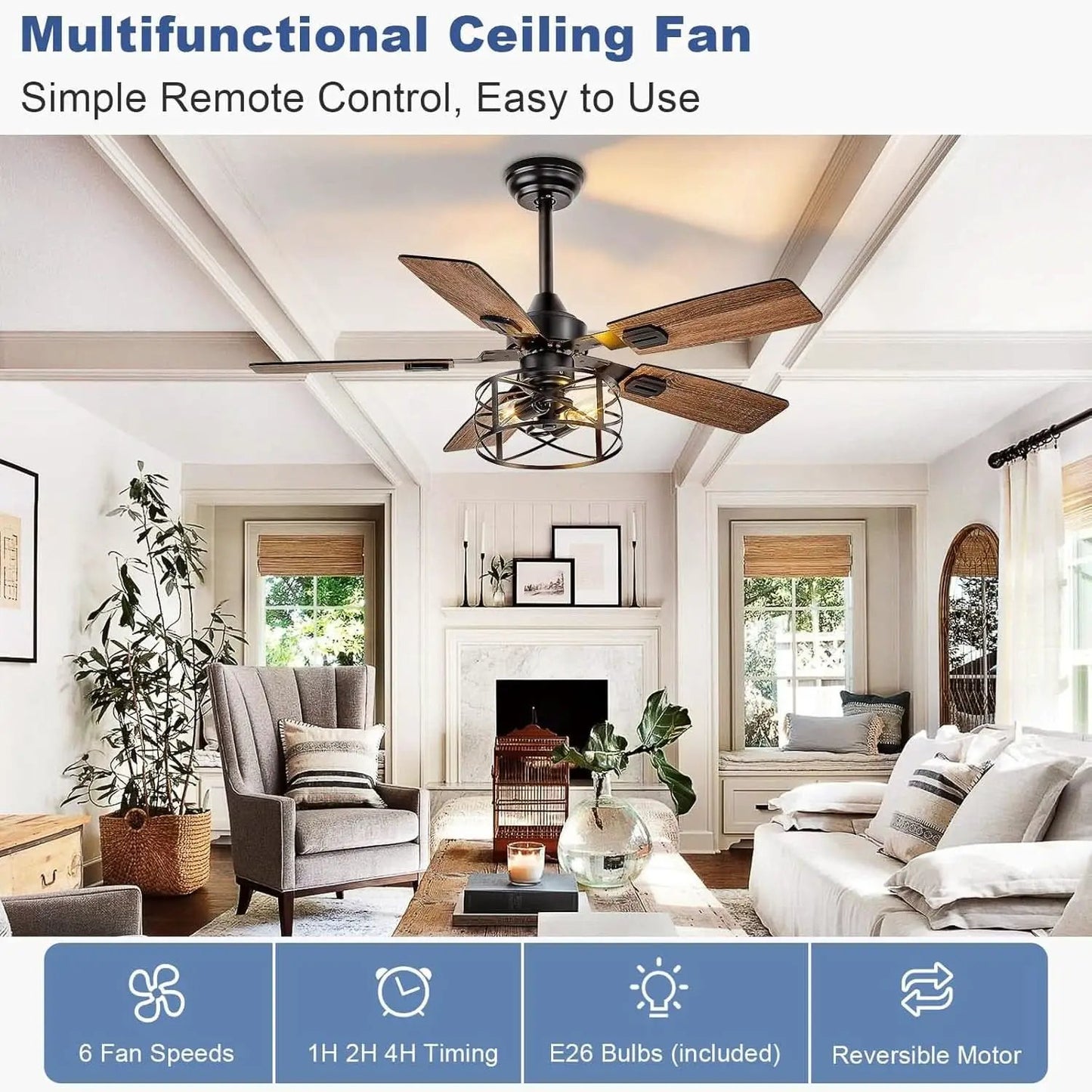 42 Inch Farmhouse Cage Ceiling Fan With Remote E26 Bulbs from PriceLows™