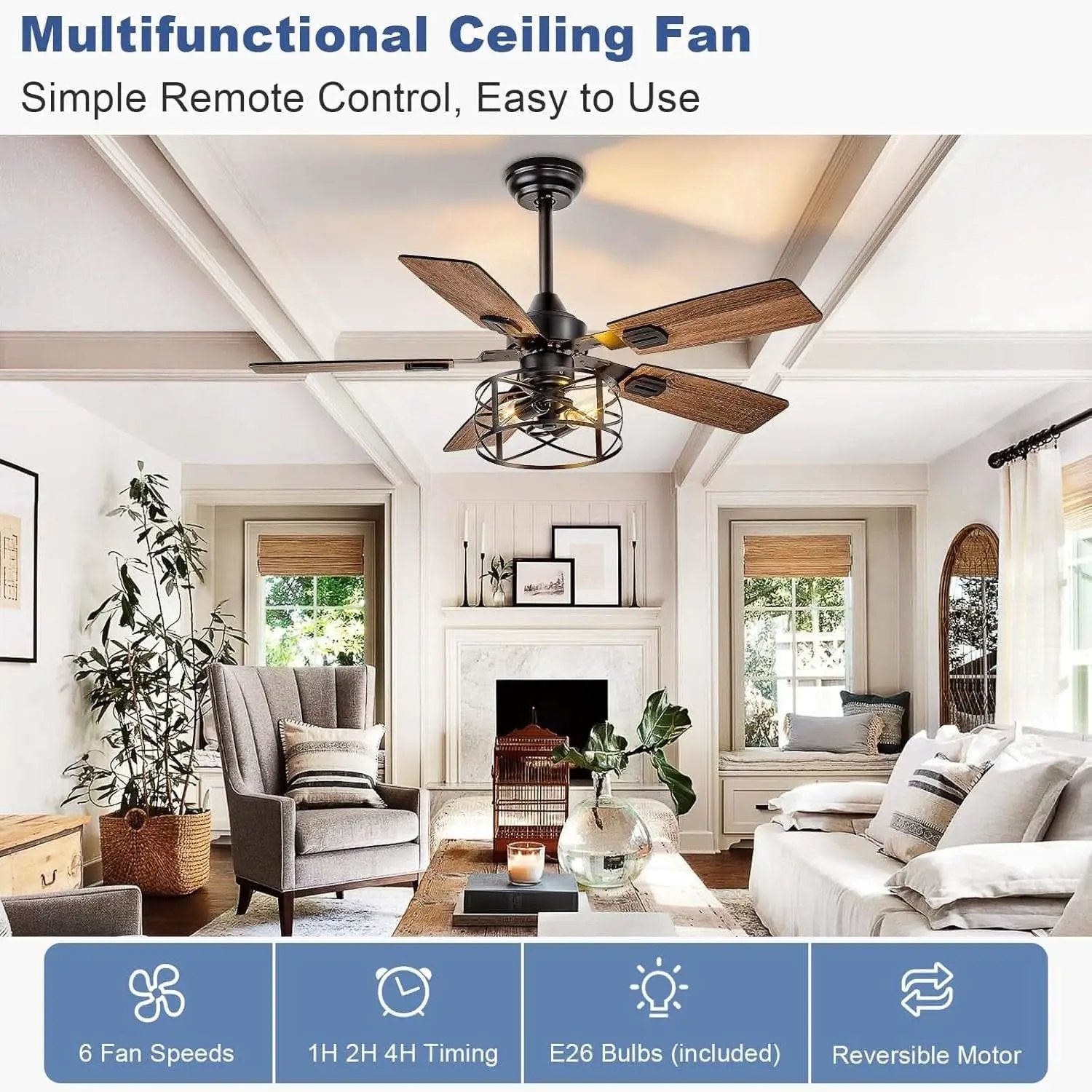 42 Inch Farmhouse Cage Ceiling Fan With Remote E26 Bulbs from PriceLows™