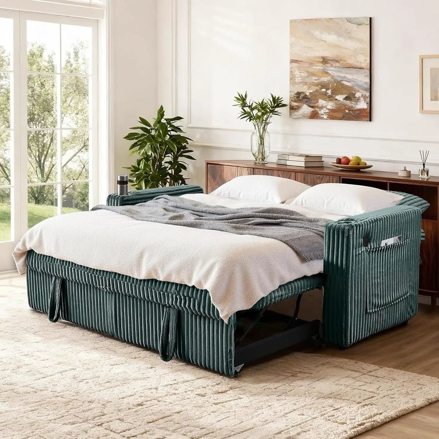 65Inch Sleeper Sofa Bed CorduroyFabric Emerald Green from PriceLows™