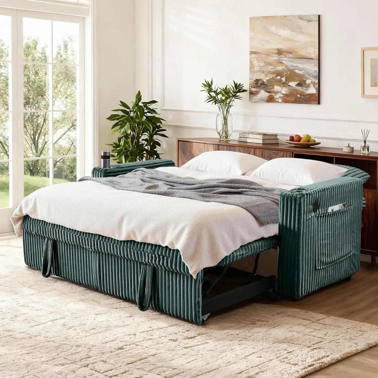 65Inch Sleeper Sofa Bed CorduroyFabric Emerald Green from PriceLows™