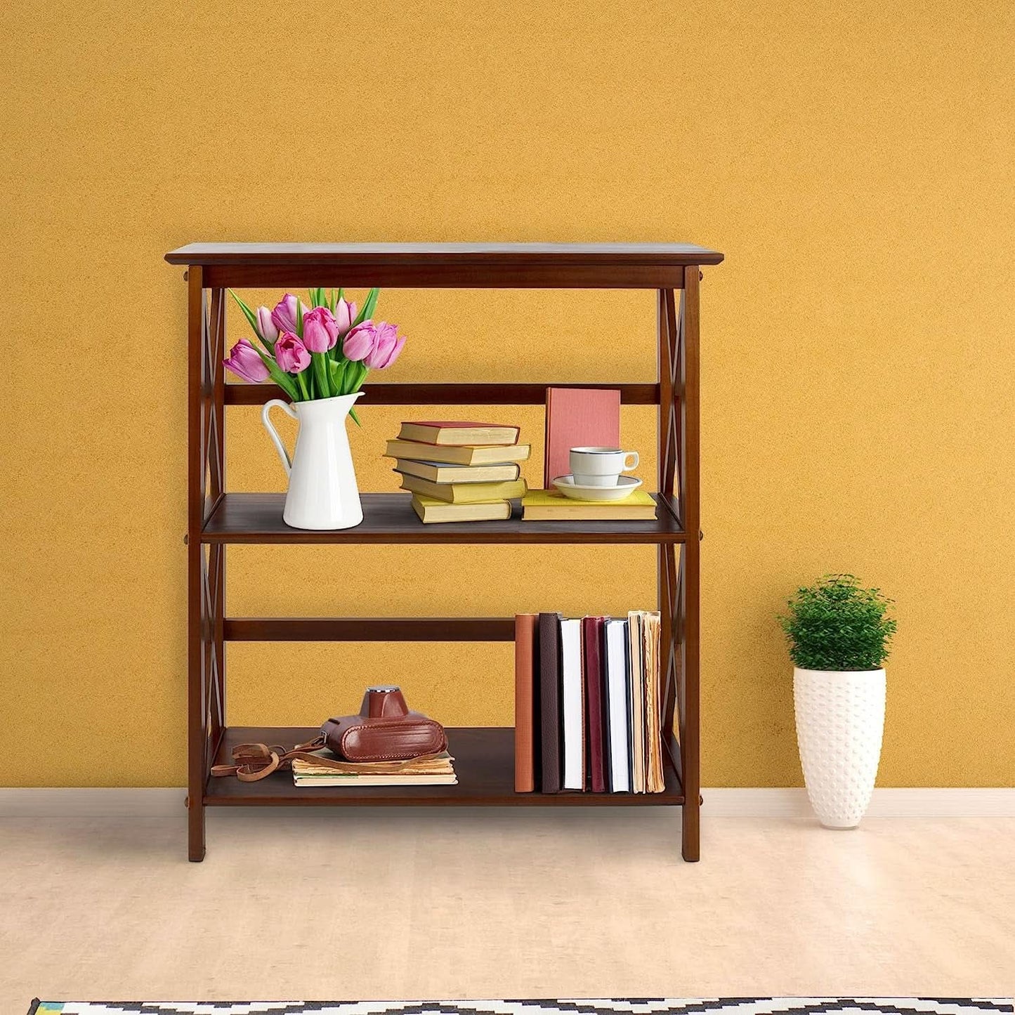 Shelf Bookcase With X Design Three Shelf Storage For Books from PriceLows™