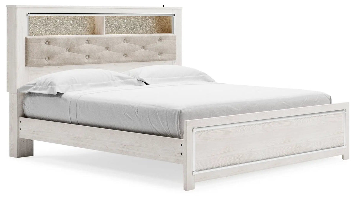 Altyra King Bookcase Panel Bed | Storage Bed | Engineered Wood & Polyester | White