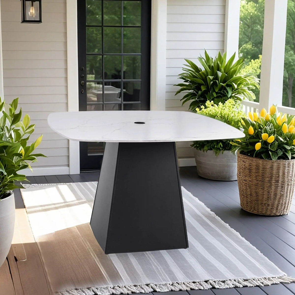 Rounded Square Outdoor Pedestal Dining Table | 2 Pieces | Aluminum & Stone | Dining Room
