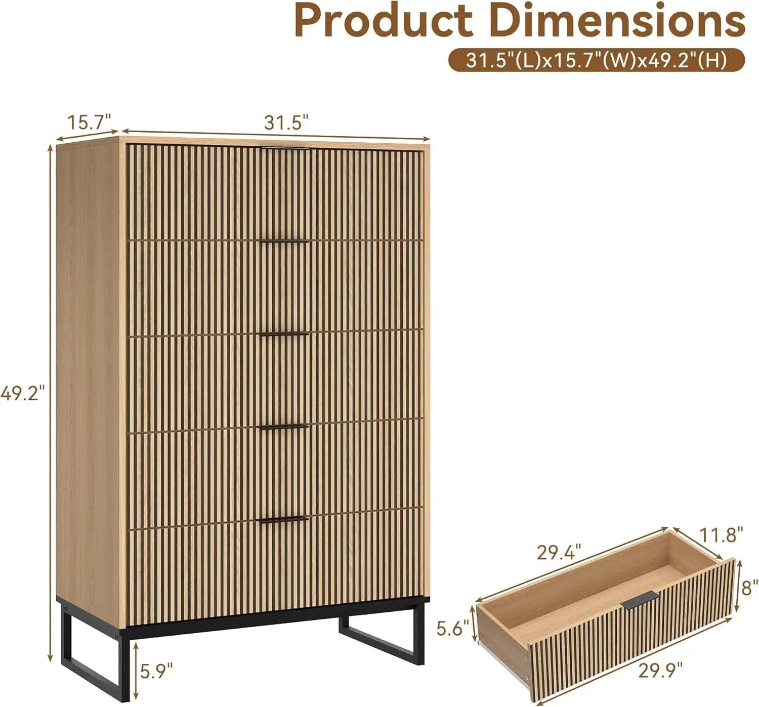 49.2 Inch Tall Five Drawer MatteNaturalFinish Dresser from PriceLows™