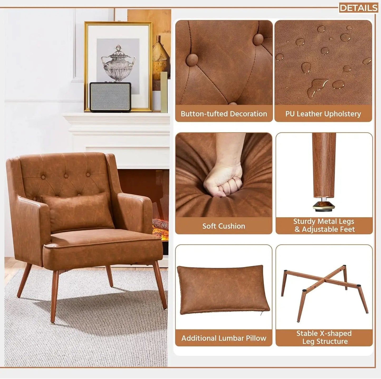Two Brown Leatherette Mid Century Accent Chairs Set from PriceLows™