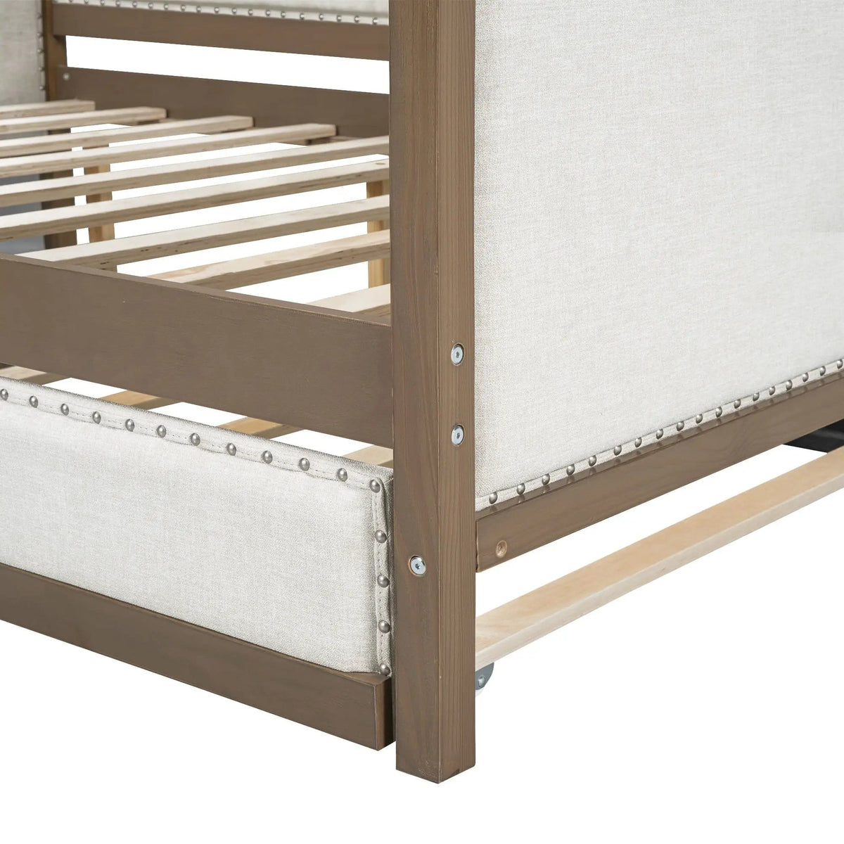 Full Size Daybed With Trundle And Nailhead Decoration Wood | 79.5 x 56.8 x 33 in | Pine Wood & Linen | Bedroom