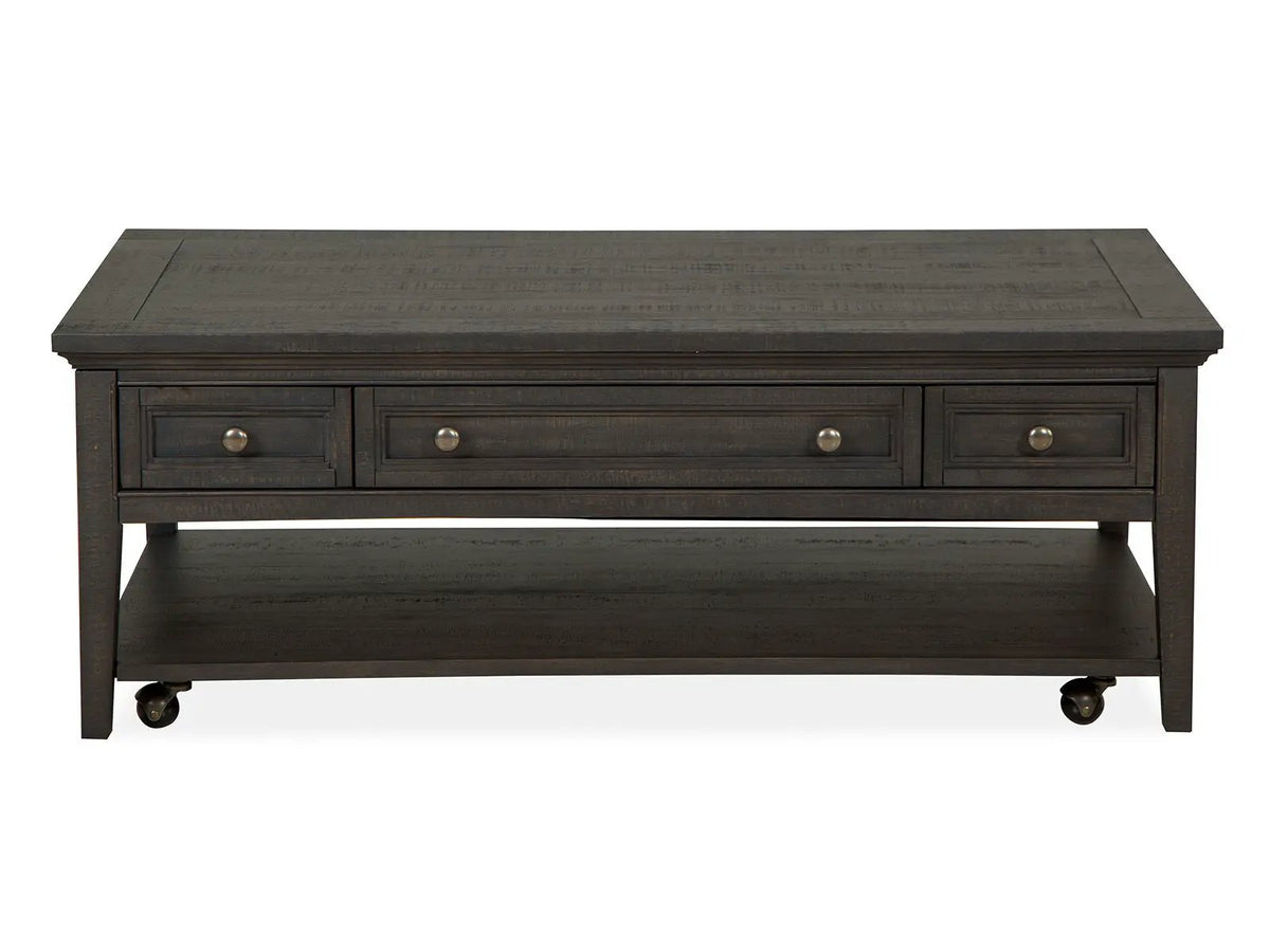 Westley Falls Rectangular Cocktail Table | Graphite | Three Storage Drawers | Casters