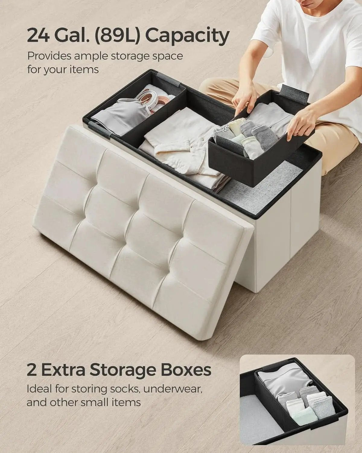 Cream White Foldable Storage Ottoman Bench 15x30x15 from PriceLows™