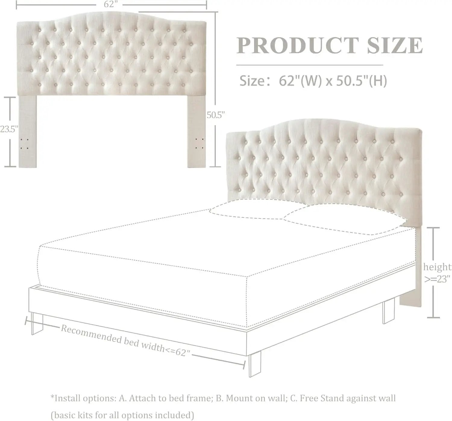 Tufted Linen Upholstered Headboard for Queen Full Beds from PriceLows™