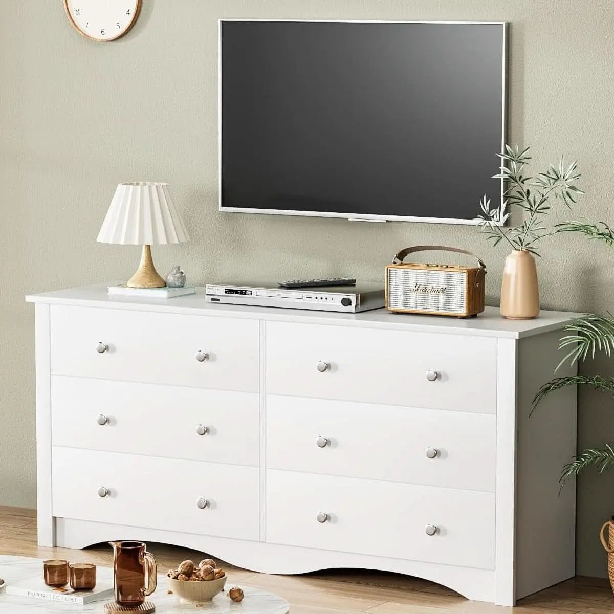 Dresser With 6 Drawers And TV Stand White Wood Storage from PriceLows™
