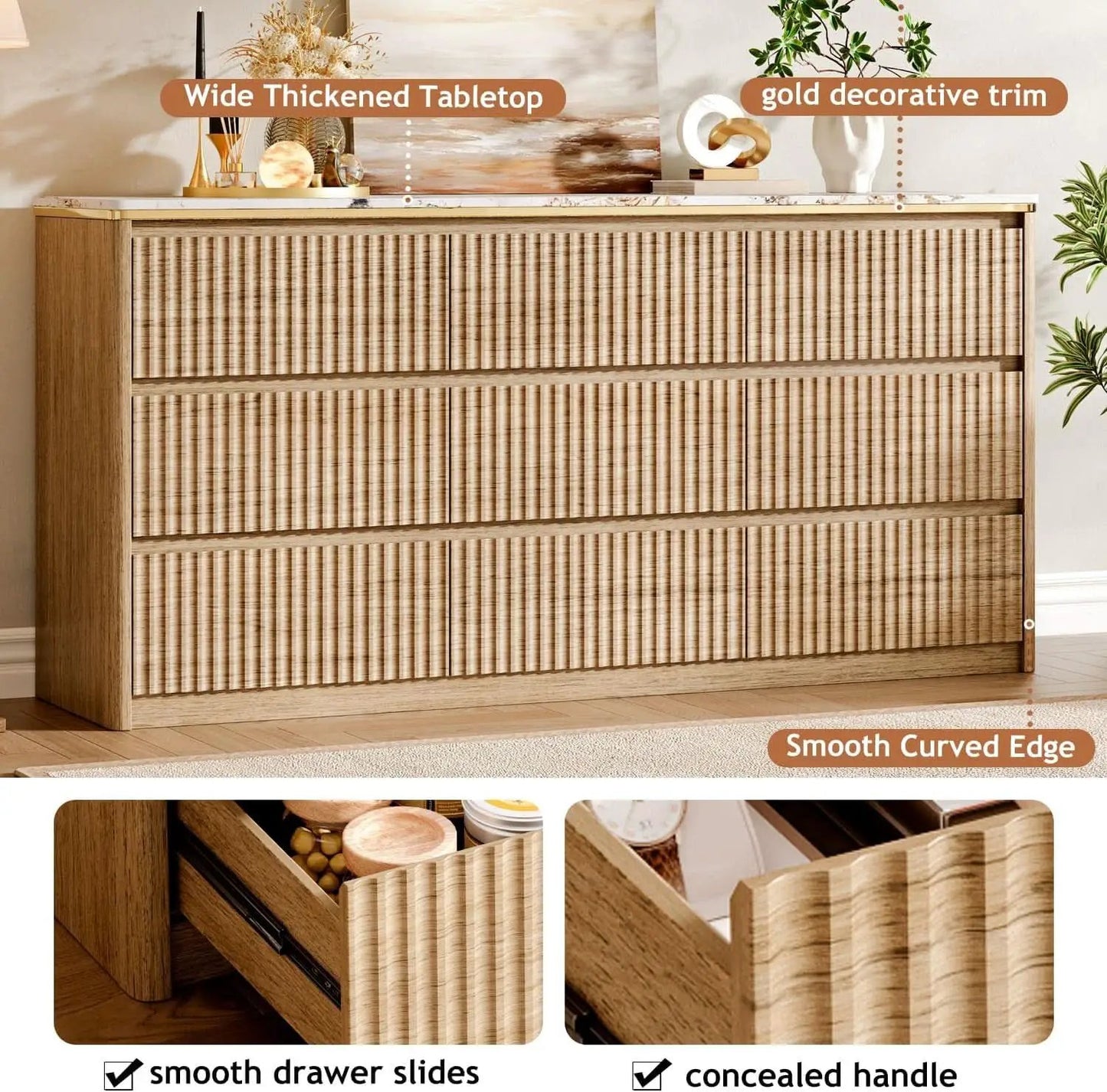 9 Drawer Dresser Chest With PolishedMarbleTabletop from PriceLows™