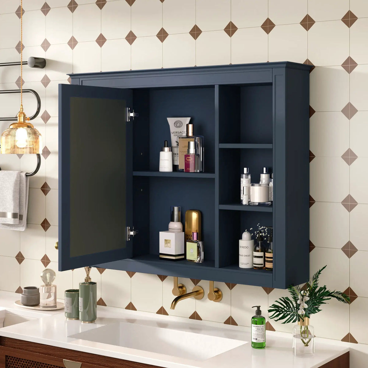 Wall Mounted Medicine Cabinet | Adjustable Interior | 6 Open Shelves