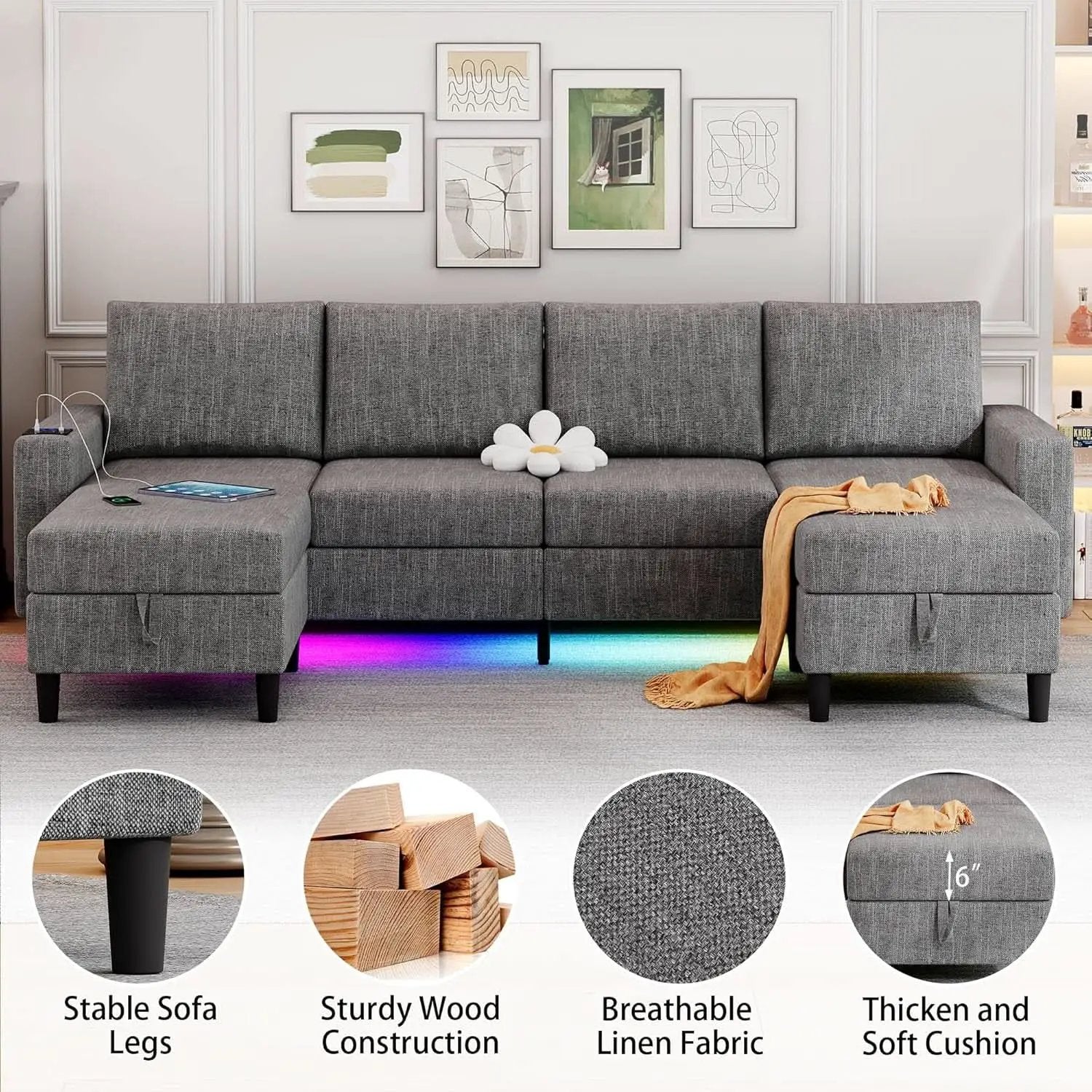 Light Grey 4 Seat Reversible Chaise Sectional Sofa from PriceLows™