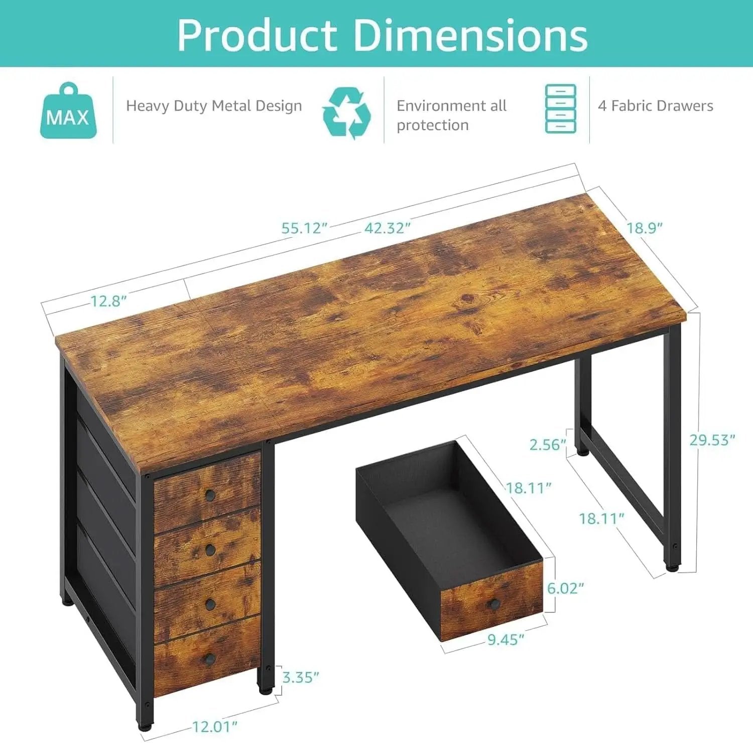 55 Inch Computer Desk With Fabric Drawers Home Office from PriceLows™