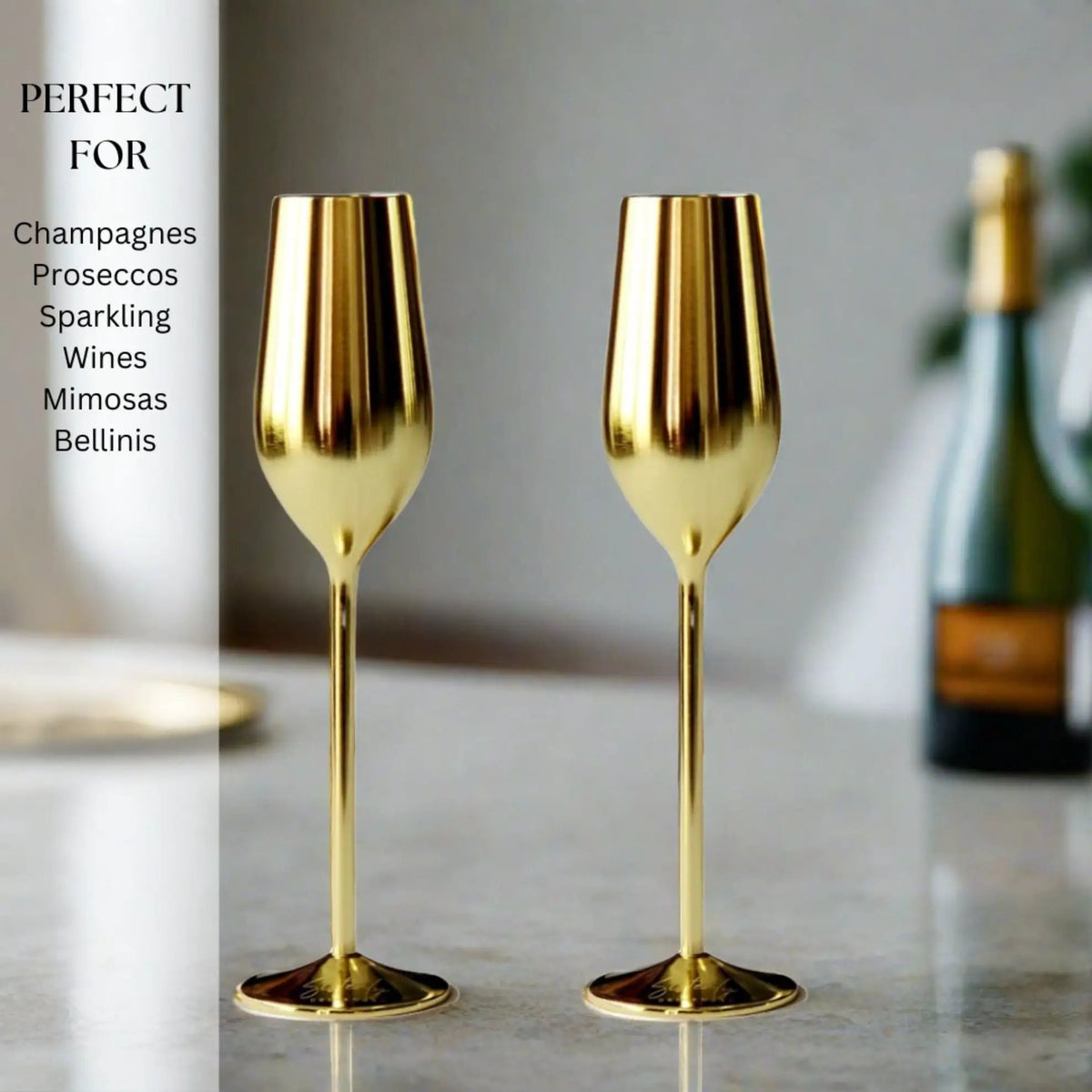 Champagne Flutes | Stainless Steel | Gold Finish | Unbreakable