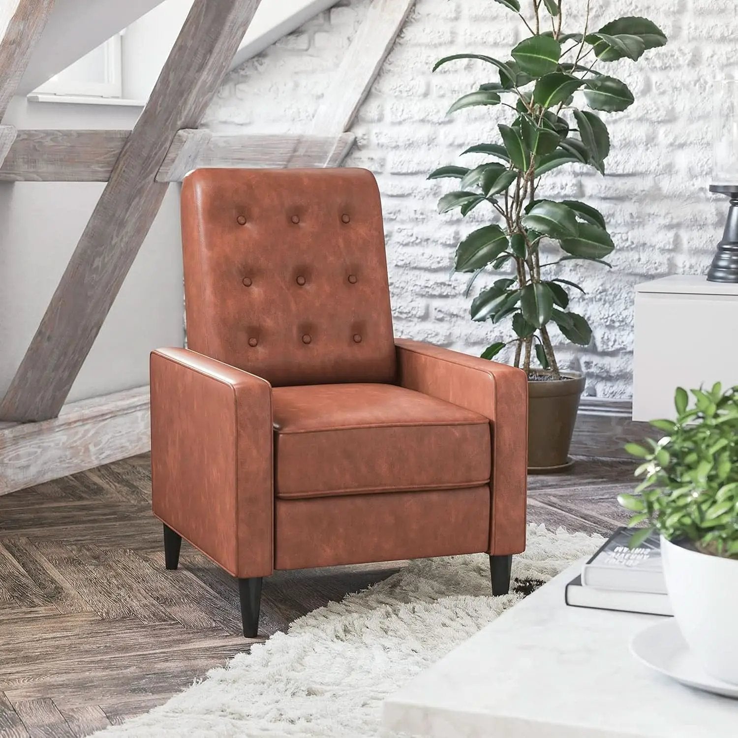 Erza Cognac Brown Leathersoft Pushback Mid Century Modern Recliner Chair from PriceLows™