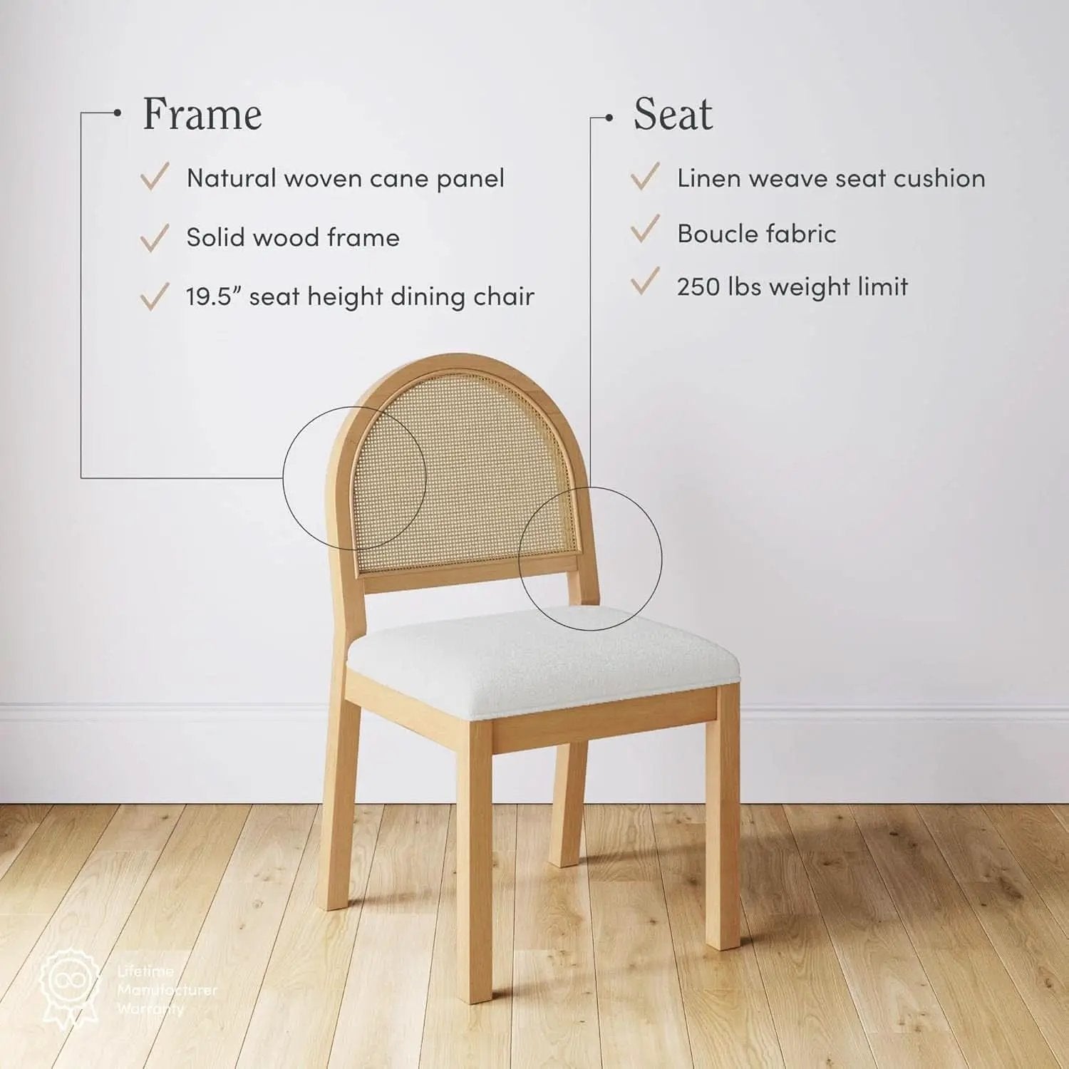 Bailey 19 Inch Boucle Dining Chair With Rattan Back And Wood Legs from PriceLows™