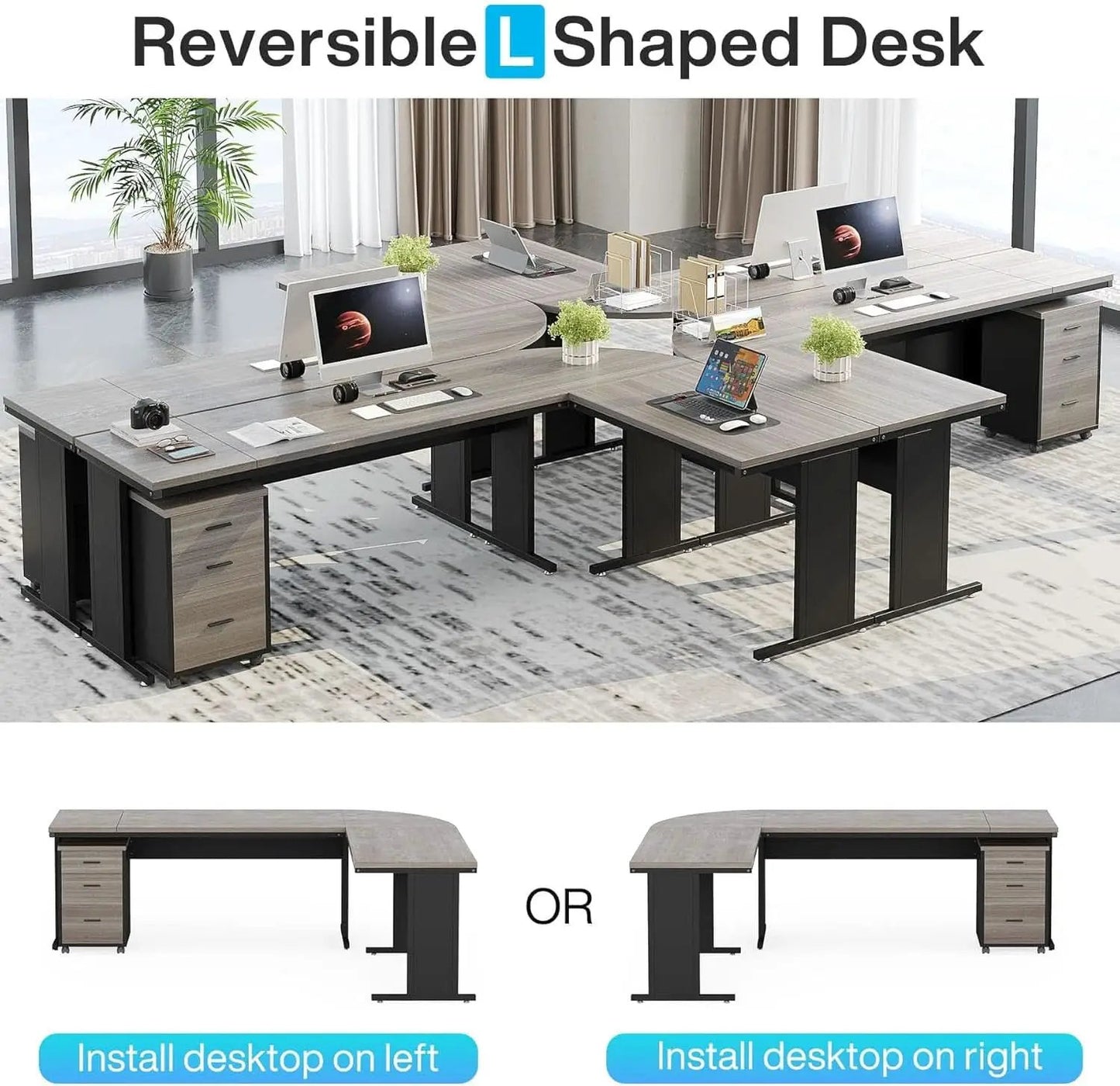 83 Inch L Shaped Desk With Gray Three Drawer File Cabinet from PriceLows™