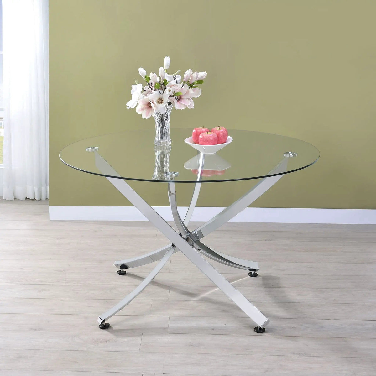 Beckham Round 46-inch Glass Top Dining Table Chrome | 46 x 46 x 29.5 in | Tempered Glass & Metal | Dining Room