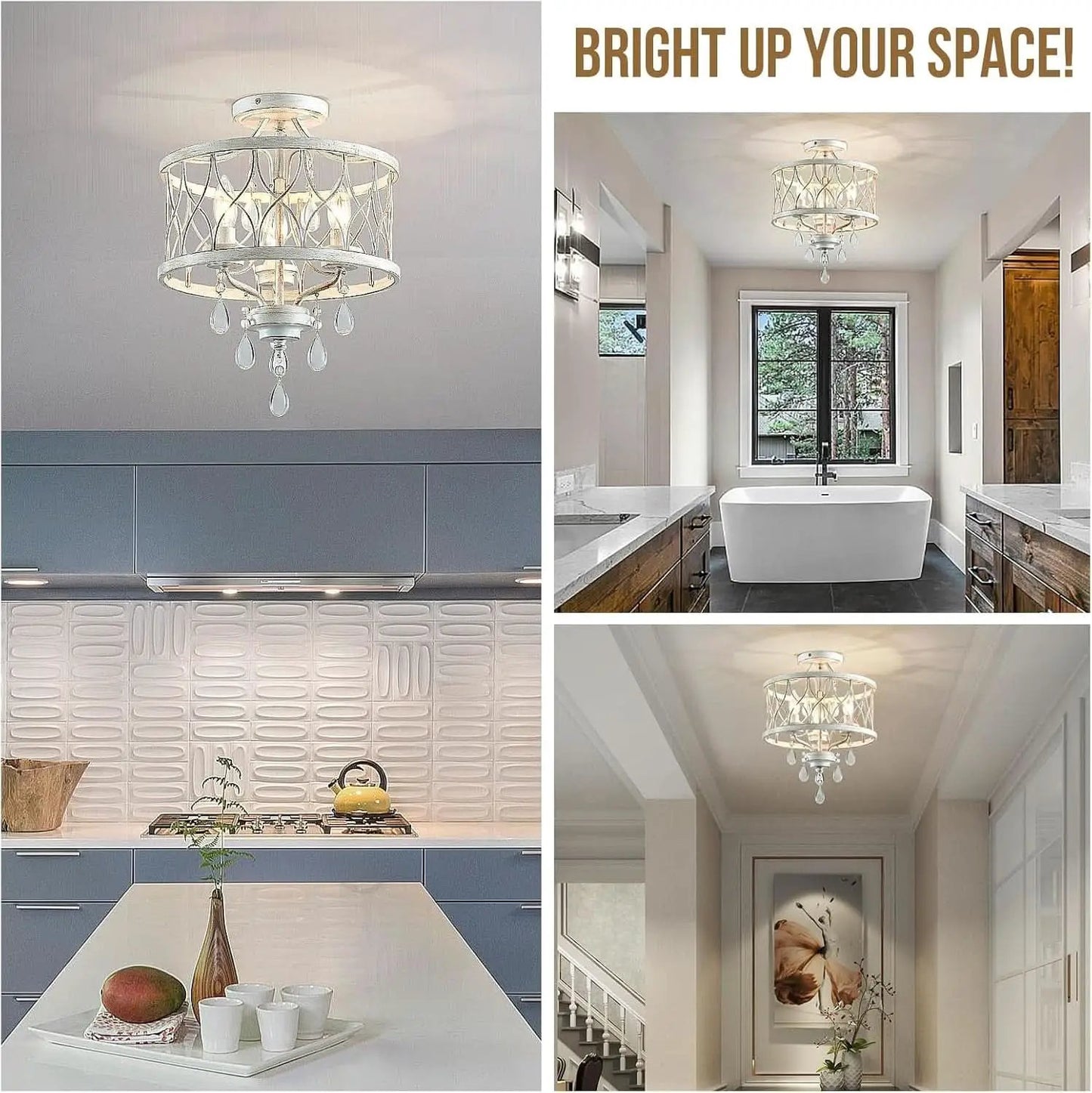 Farmhouse Crystal Ceiling Light Three Light White Fixture from PriceLows™