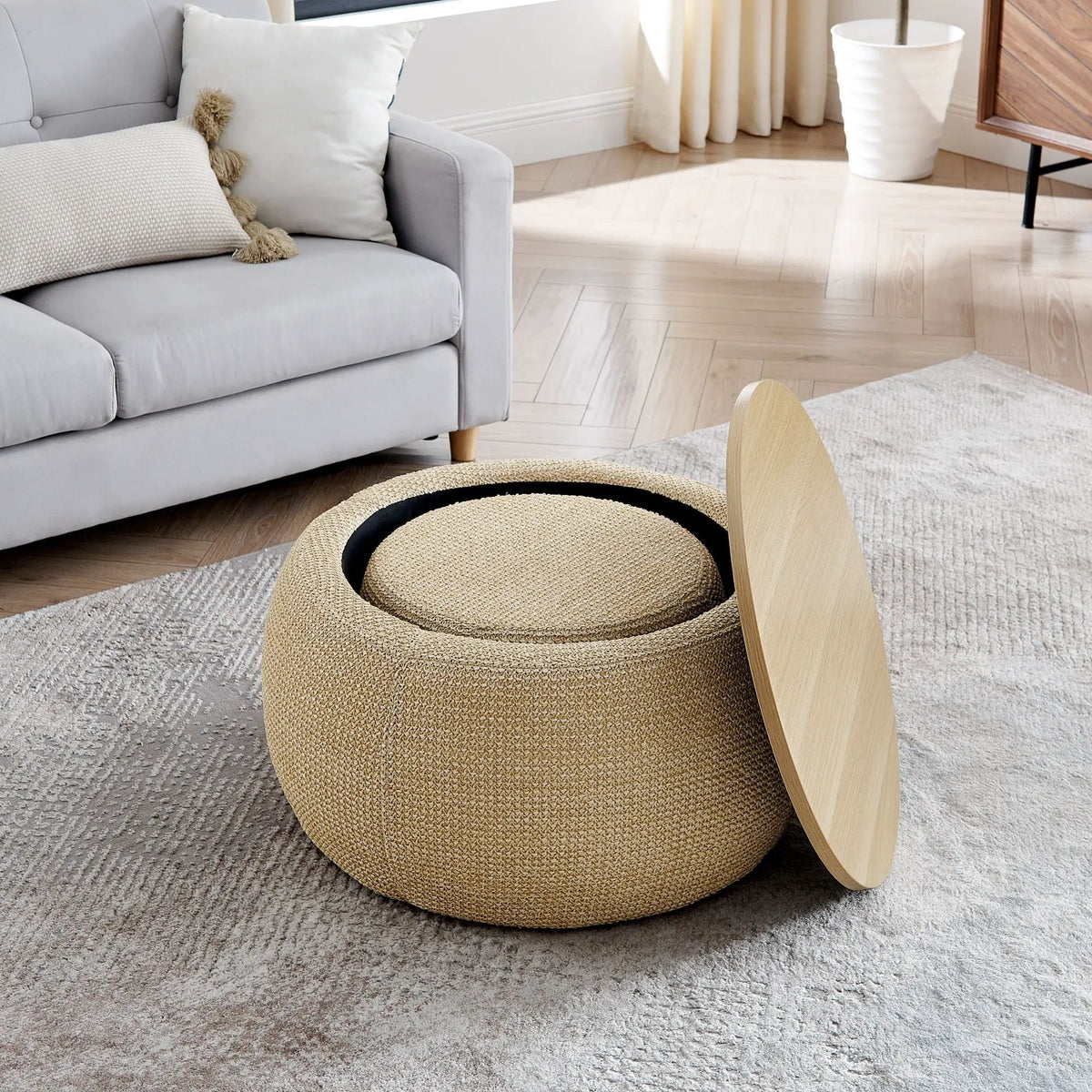 Round Storage Ottoman | Pleated Fabric | Removable Lid