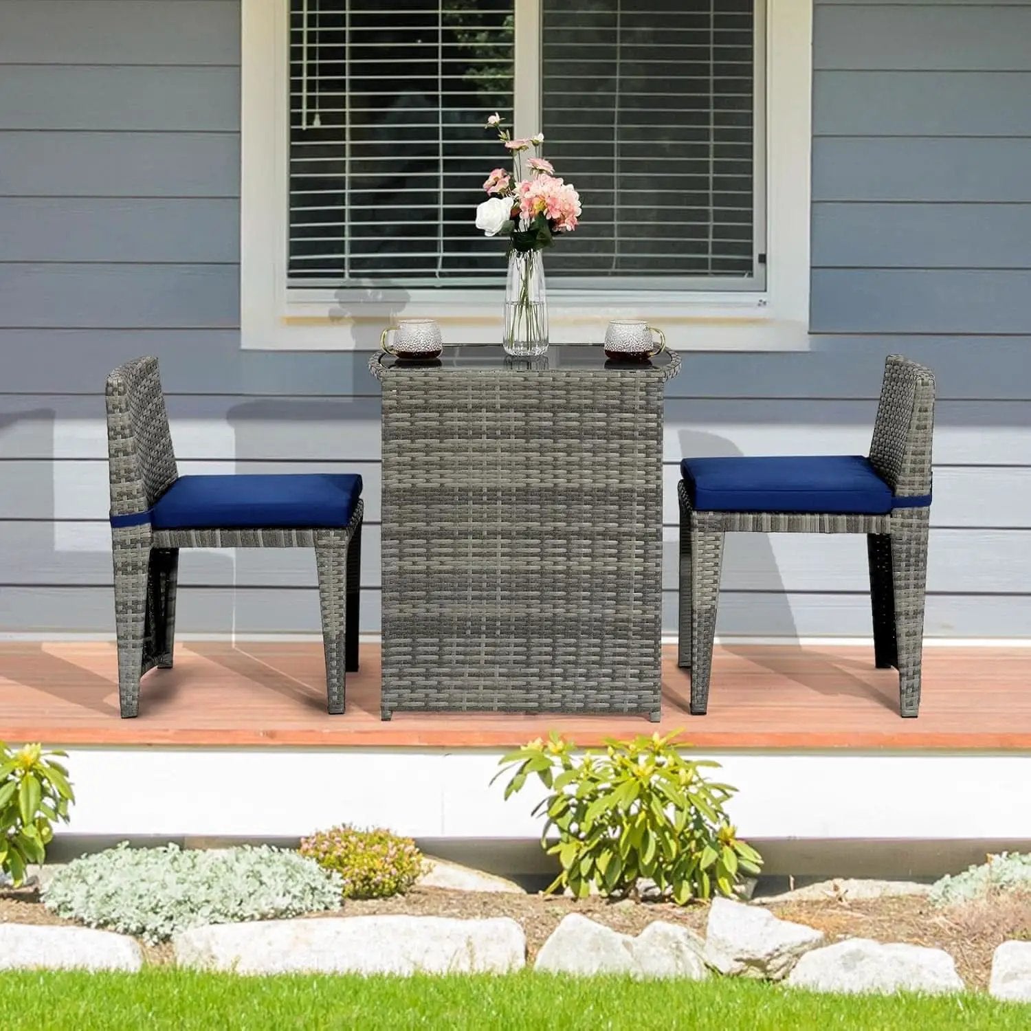 Grey Wicker Outdoor Patio Bistro Set With Glass Table from PriceLows™