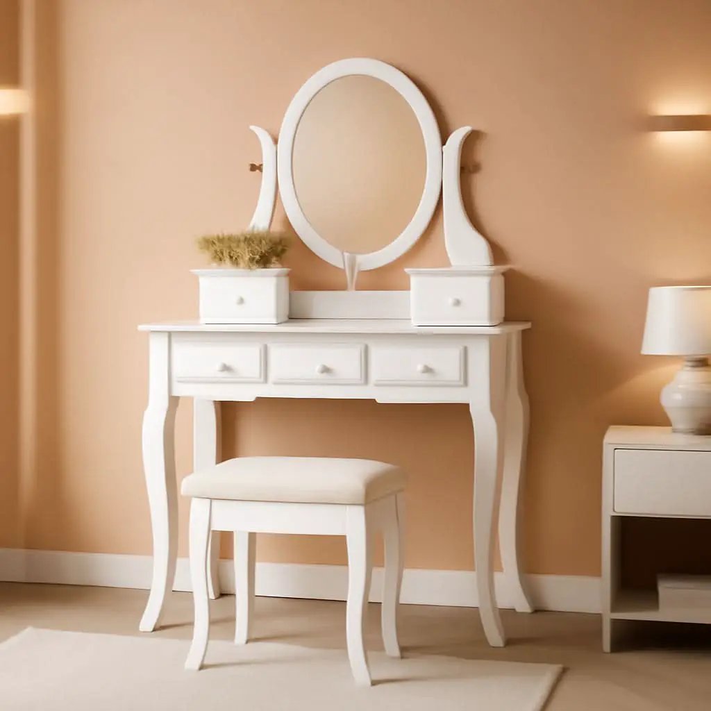 White Wood Makeup Vanity Set With Beige Upholstered Stool from PriceLows™