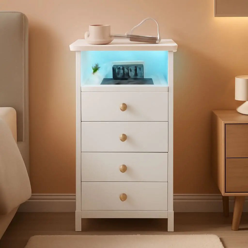 LED Narrow Nightstand With Wireless Charging White from PriceLows™