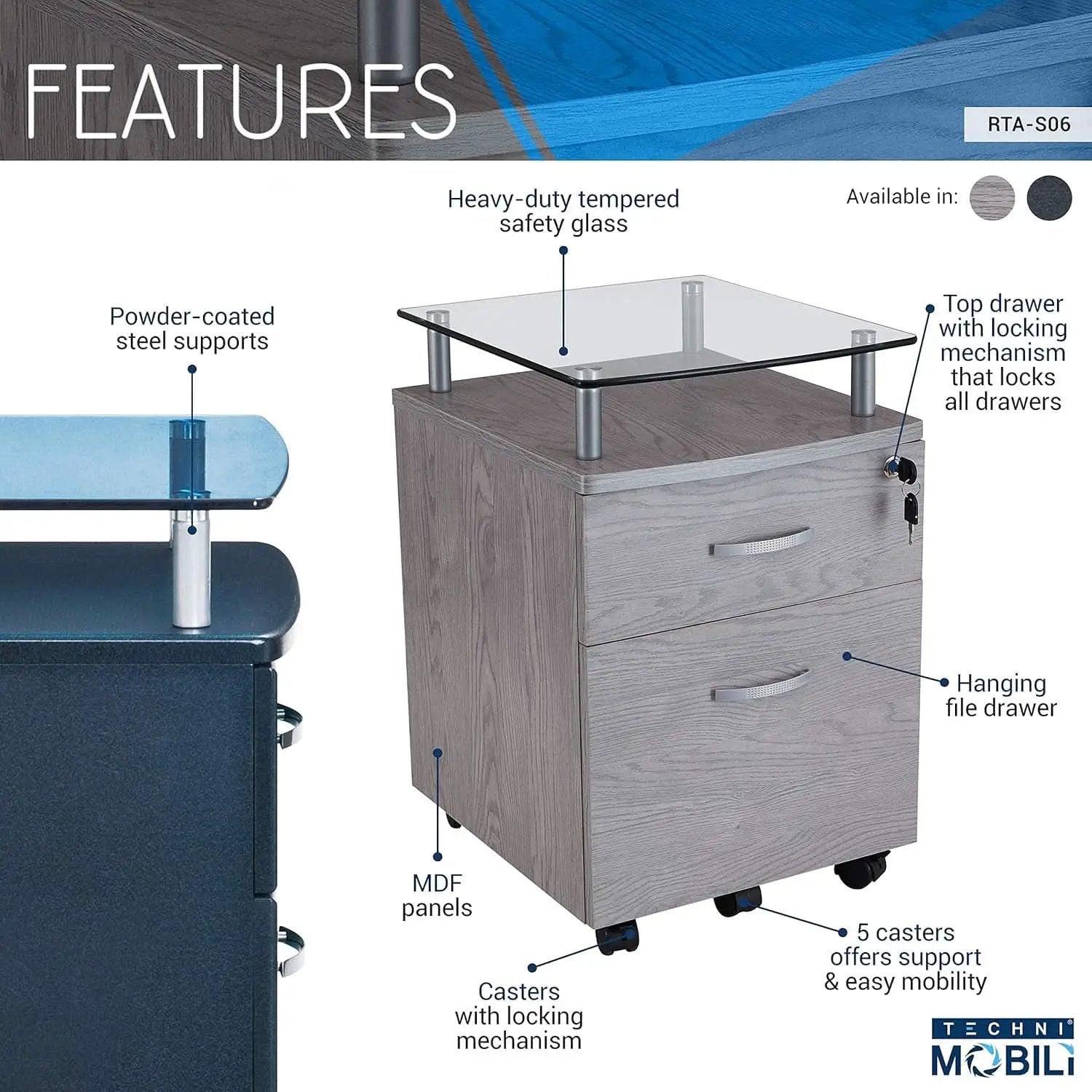 Two Drawer Rolling File Cabinet With Lock And Glass Top Under Desk Printer Stand Grey Office Furniture from PriceLows™