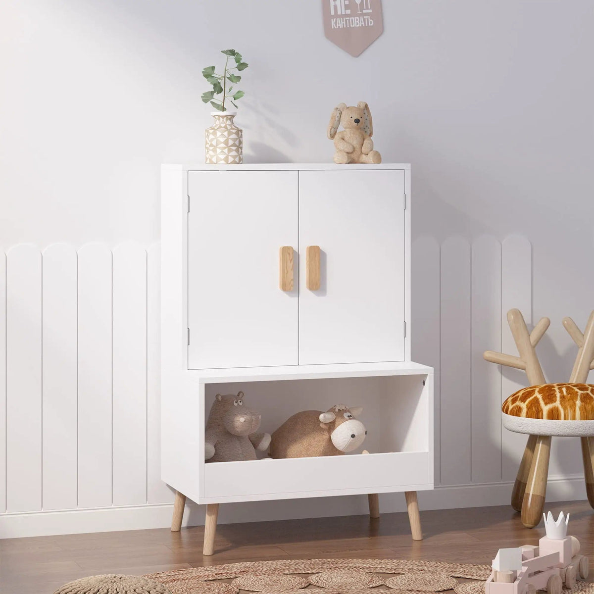 Toy Storage Cabinet With Doors And Open Shelf, Toddler Bookshelf For Playroom | 23.62 x 13.78 x 37.4 in | Solid Wood | White